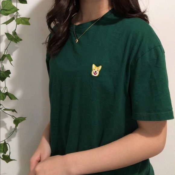 forest green boxy tee with embroidered corgi - Picture 3 of 4